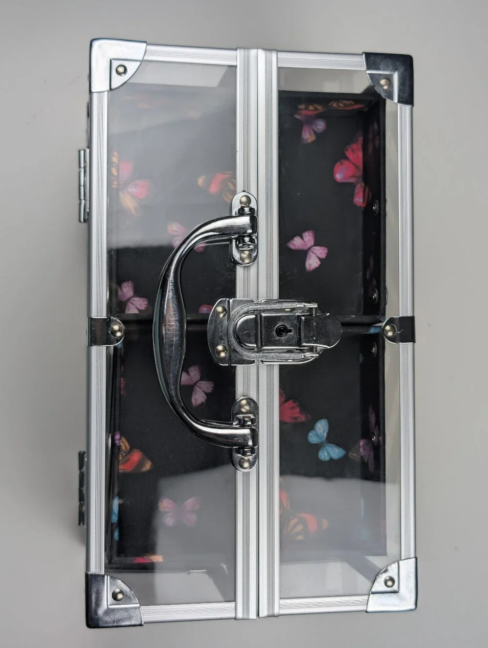Caboodles Clear Butterfly Makeup Train Case Aluminum Frame Storage Box